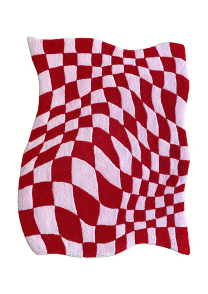 Wavy Distorted Checkered Rug White/Red