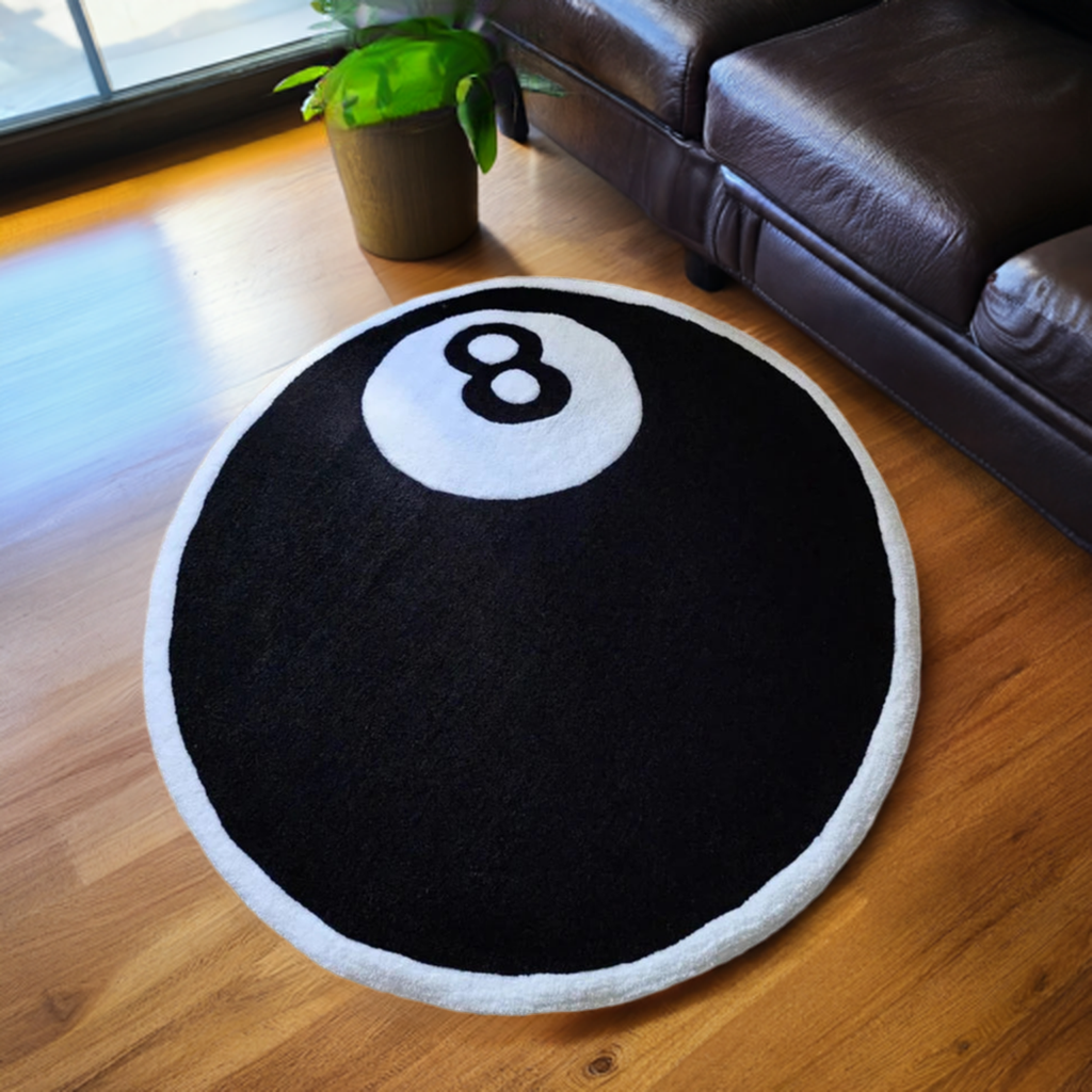 8 Ball Tufted Rug White Border