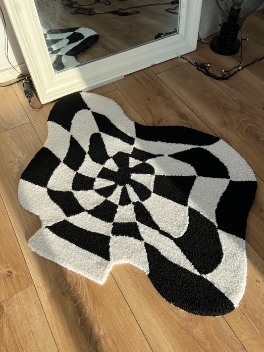 LSD Trippy Checkered Tufted Rug Black/White