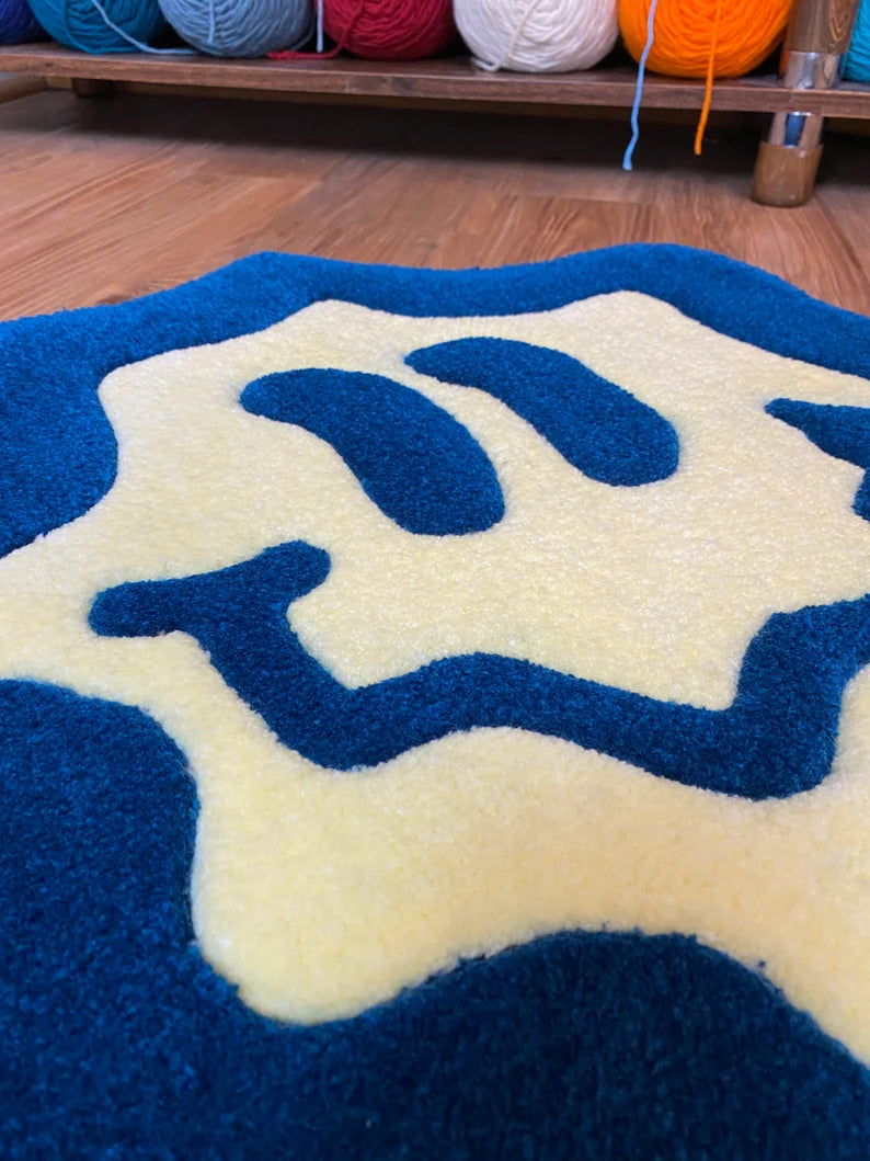 Trippy Blue/White Smiley Face Tufted Rug