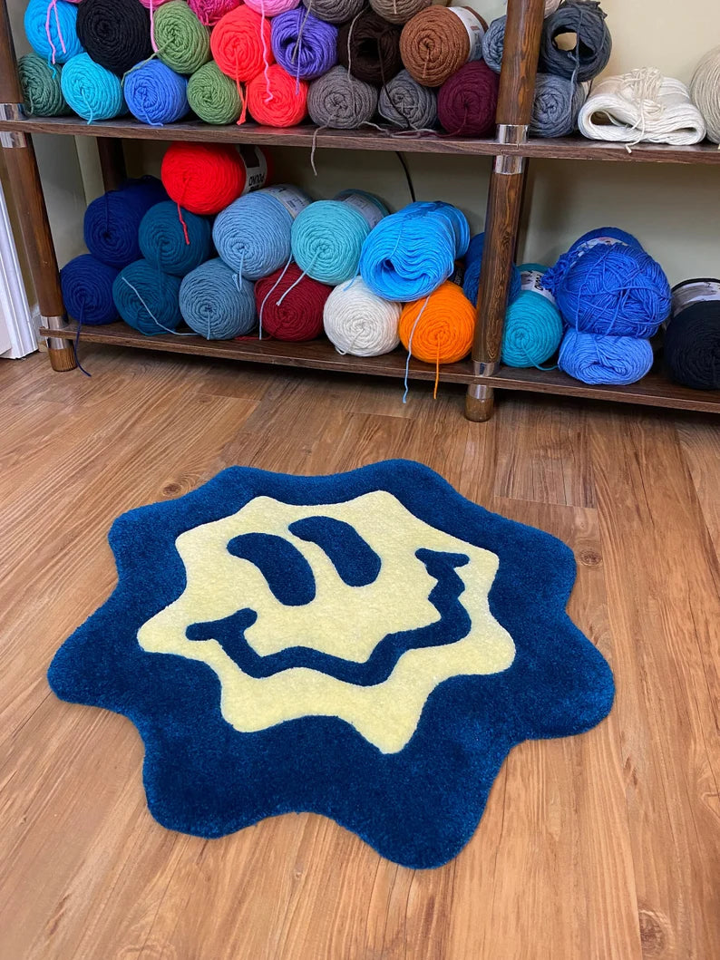 Trippy Blue/White Smiley Face Tufted Rug