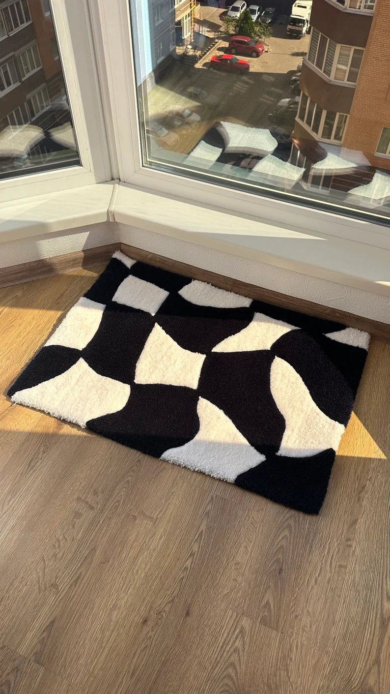 Abstract Wavy Checkered Tufted Rug